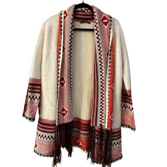 MAXSPORT Sweaters - Maxsport Open Front Southwestern Aztec Tribal Fringe Knit Cardigan Size Small